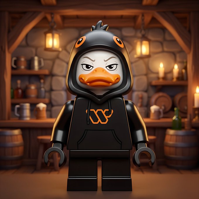 The image features a Lego figure dressed up as a duck, wearing a hooded sweatshirt with an orange duck face and a matching orange duck body. The figure stands against a backdrop of a bar scene, which includes wooden barrels and bottles on shelves behind them. The image also contains text that reads "good morning while many projects compete for attention the most valuable ecosystems are often the ones focused on building long term utility". This suggests that the Lego figure is part of an ongoing project or series related to the concept of ecosystem value in a bar setting, possibly as a creative way to engage with and promote sustainability.