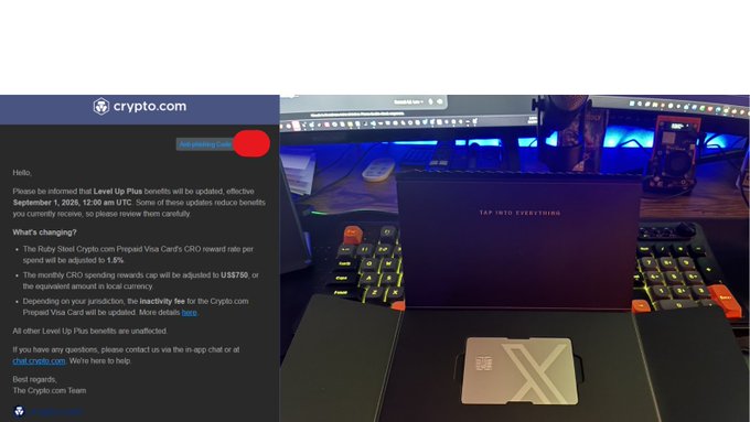 An email from Crypto.com announcing a reduction in benefits for the Level Up Plus tier, including a lowered Ruby Steel Crypto.com Prepaid Visa Card CRO reward rate of 1.5% and a $750 monthly spending cap to qualify for card rewards, is displayed alongside a photo of the black Ruby Steel card on a desk.