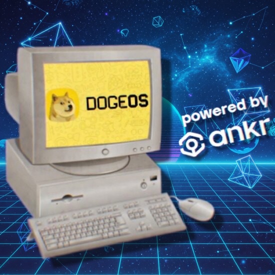 The image features a computer monitor with the words "DogeOS" written on its screen, along with a keyboard and mouse nearby. The background of the image shows a blue sky filled with stars, creating an otherworldly atmosphere. The text at the bottom of the image reads, "Infrastructure is an application layer's best friend. @DogeOS is supported by @ankr 's global RPC network. Ankr is one of the key infra players providing underlying infrastructure that helps power everything from games and DeFi protocols to AI-powered consumer apps being".