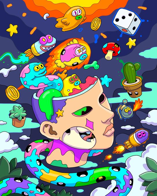 The image features a colorful illustration of a person's head with various objects, including a snake, a bird, and other animals, all floating around inside their head. The artwork portrays an imaginative scene that could be inspired by the popular video game series, @PepeExplorers. The artist behind this piece is Para, who has contributed to the creation of the characters in the game. The image also includes text that references a post about the artwork and the auction for it on Instagram.