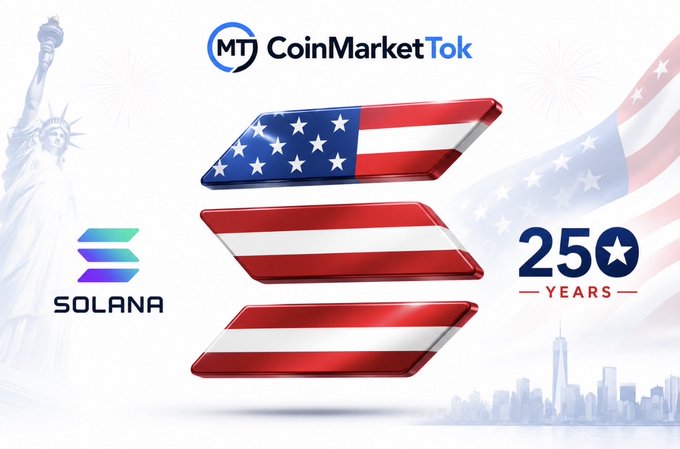 A promotional graphic for CoinMarketTok featuring the Solana logo, an American flag, the Statue of Liberty, and text reading '250 YEARS'.