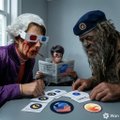 A cartoonish illustration of two men sitting at a table with trading cards or tokens, one wearing sunglasses and the other in a cap, in an indoor setting with a small 'Avi' watermark.