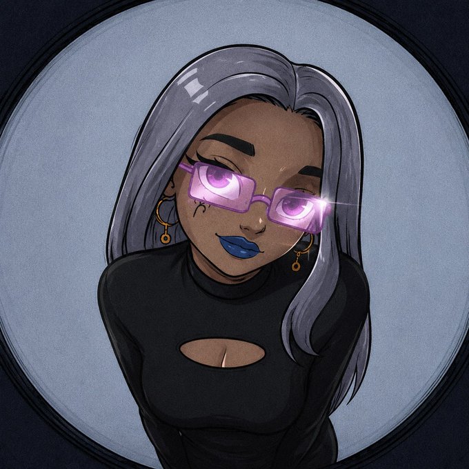 A stylized digital illustration of a woman with long silver hair, purple-tinted glasses, blue lipstick, and a black cutout top, posed against a circular spotlight background. The sleek, futuristic aesthetic of the avatar aligns with the post's web3 theme, serving as a personal profile image for the creator promoting collaborations.