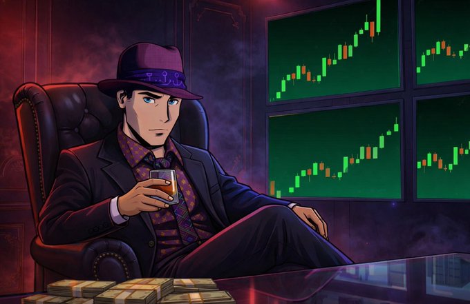An anime-style man in a purple fedora and suit sits calmly in a leather chair, holding a glass of whiskey, with stacks of cash on the desk before him and multiple screens displaying green bullish candlestick charts behind him—visually conveying confidence and profit to match the upbeat "GM" (good morning) greeting.