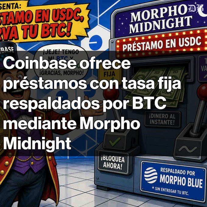 An illustrated advertisement featuring a cartoon man in a red suit next to a slot machine labeled 'MORPHO MIDNIGHT' that dispenses USDC. The text overlay reads: 'Coinbase ofrece préstamos con tasa fija respaldados por BTC mediante Morpho Midnight' alongside Spanish text like '¡PRÉSTAMO EN USDC!' and 'RESPALDADO POR MORPHO BLUE'.