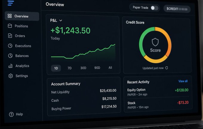 A dark-themed trading dashboard shows a P&L of +$1,243.50 today, a credit score gauge, an account summary with $25,430 net liquidity, and recent equity option and stock activity.