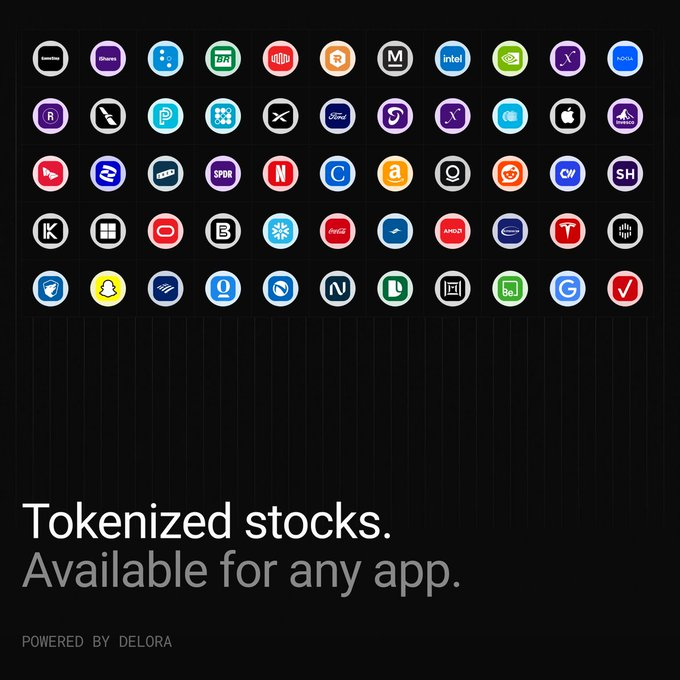 Dark advertisement displaying a grid of colorful stock ticker icons with the text 'Tokenized stocks. Available for any app.' and 'POWERED BY DELORA' at the bottom.