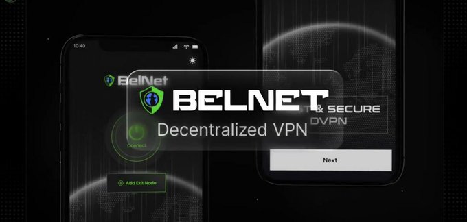 A promotional graphic for "BELNET Decentralized VPN" displays the logo and a green shield icon over a mobile app interface showing a "Connect" button and "Add Exit Node" option, with "FAST & SECURE DVPN" text in the background.