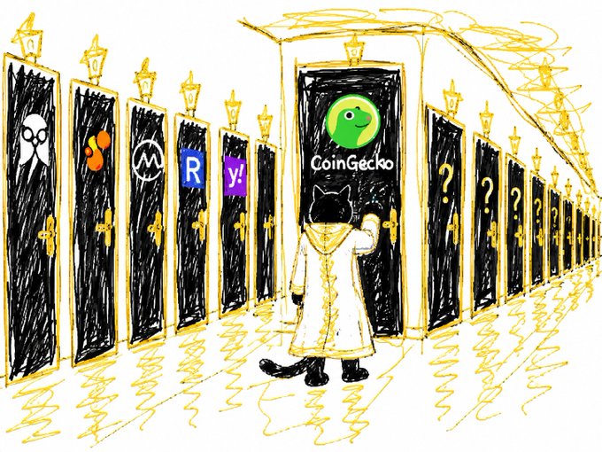 A hand-drawn illustration depicts a cat in a coat opening one of many doors in a hallway; the open door leads to the CoinGecko logo, while other doors display logos for Phantom, Sui, Monero, Ravencoin, and Y!, with the rest marked by question marks.