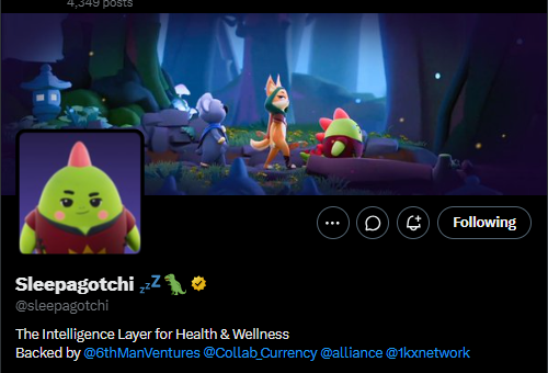 Twitter/X profile for 'Sleepagotchi' (@Sleepagotchi) described as 'The Intelligence Layer for Health & Wellness' with 4,349 posts.