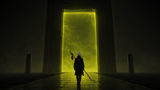 A figure in a dark coat holding a spear stands before a large, glowing yellow rectangular portal in a dimly lit space.