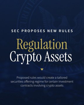 The image displays an announcement graphic with the headline "SEC PROPOSES NEW RULES" above the title "Regulation Crypto Assets," accompanied by the SEC eagle seal in the background. The text notes that the proposed rules would create a tailored securities offering regime for certain investment contracts involving crypto assets, visually reinforcing the post's message about the SEC's new framework for crypto fundraising with raised thresholds of $5M over 4 years or $75M per year.