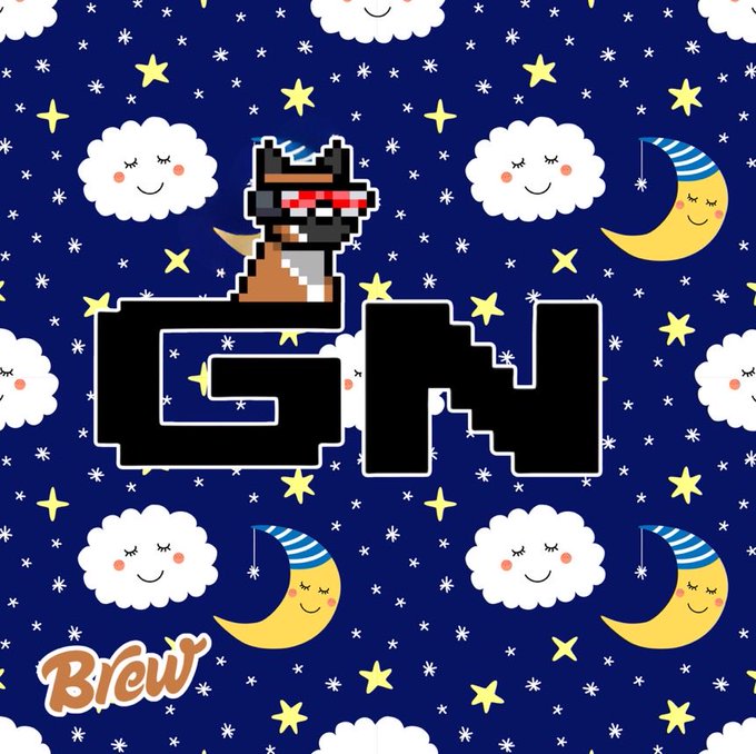 Pixel art featuring a small character wearing red pixel glasses, with the letters 'GN' in large black block text below, set against a dark blue background with smiling clouds, moons, and stars, signed 'Brew'.