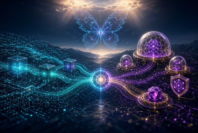 A digital artwork featuring a glowing blue butterfly over a landscape, with streams of cyan and purple light connecting futuristic cubes and gems enclosed in energy domes.