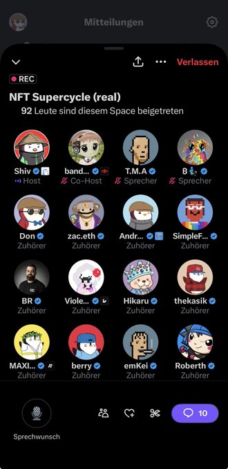 A mobile app screenshot showing a Discord-style audio room titled 'NFT Supercycle (real)' with 92 participants, displaying various user avatars including Shiv, band..., T.M.A, B..., Don, zac.eth, Andr..., Simplef..., BR, Viole..., Hikaru, thekasik, MAXI..., berry, enkei, and Roberth.