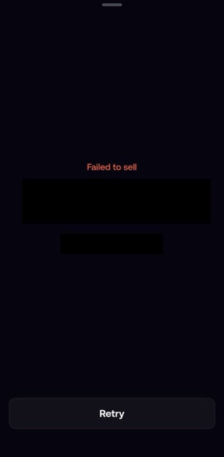 A dark mobile app screen displays a "Failed to sell" error message in red text above blacked-out transaction details, with a "Retry" button at the bottom, visually illustrating the user's frustration about transaction failures due to the platform's lack of local treasury infrastructure and reliance on third-party services.