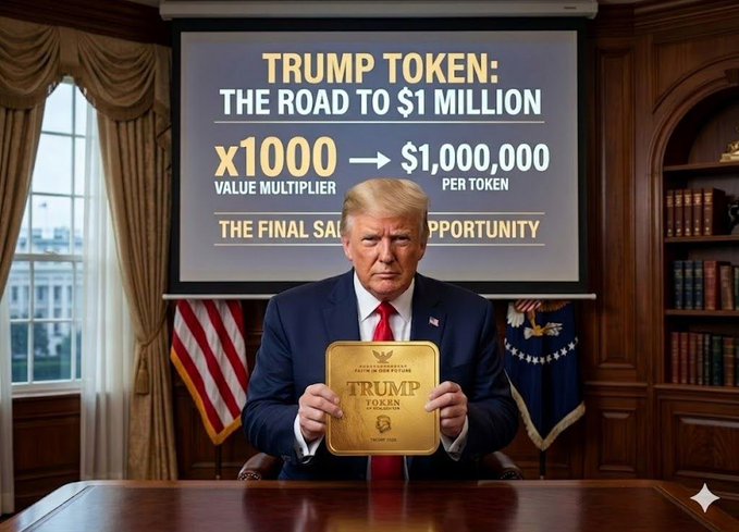 A man in a suit sits in the Oval Office holding a gold 'TRUMP TOKEN' coin, with a screen behind him advertising 'TRUMP TOKEN: THE ROAD TO $1 MILLION' and 'x1000 → $1,000,000 PER TOKEN.'