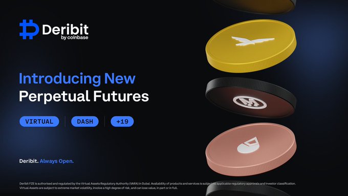 A Deribit (by Coinbase) promotional banner titled 'Introducing New Perpetual Futures' featuring tags for VIRTUAL, DASH, and +19 more, with 3D coin icons displaying crypto logos against a dark blue background.