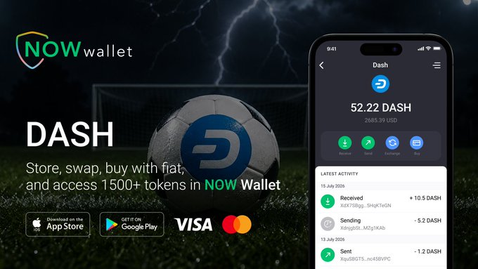 An advertisement for NOW Wallet promotes DASH cryptocurrency, showing a phone screen displaying '52.22 DASH' (2685.39 USD) with App Store, Google Play, and Visa/Mastercard logos.
