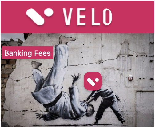A promotional image for Velo showing a red header with the Velo logo and a label reading 'Banking Fees' over a black-and-white street mural depicting a falling figure.