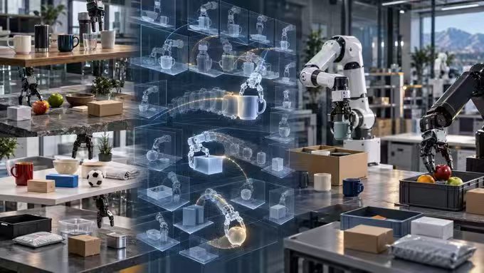 A futuristic scene depicting industrial robotic arms operating in a kitchen-like environment, with a holographic overlay showing digital motion paths and object tracking.