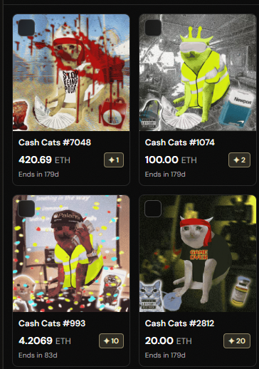 The image displays four "Cash Cats" NFTs, with "Cash Cats #993" highlighted for its price of 4.2069 ETH, as mentioned in the accompanying post. This particular NFT features a man in a reflective vest showering in confetti and money.