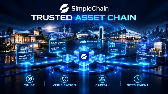 The image is a promotional graphic for "SimpleChain - Trusted Asset Chain," depicting a futuristic smart city scene with interconnected asset categories—Real Estate, Solar Energy, Electric Vehicles, Warehouses, and Financial Instruments—all labeled "Tokenized & Verified" and linked to four core pillars: Trust, Verification, Capital, and Settlement.

This visual directly reinforces the post's message by illustrating the full lifecycle of RWA (Real World Asset) tokenization, showing that SimpleChain goes beyond simple tokenization to provide a comprehensive infrastructure for verifying, pricing, trading, and settling real-world assets with confidence.