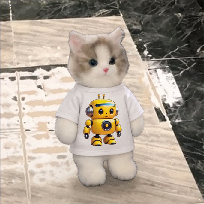 A fluffy kitten stands upright on its hind legs wearing a small white t-shirt printed with a cute yellow robot character, positioned against a black and white marble-tiled background.