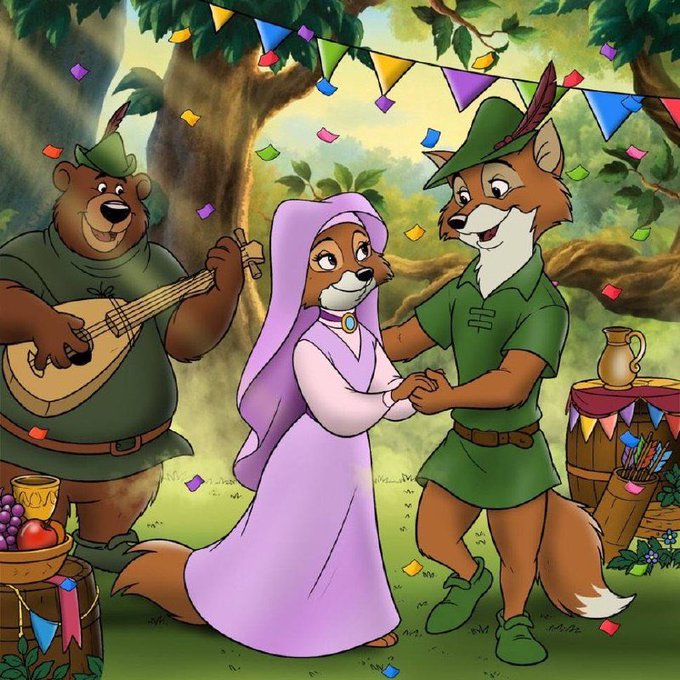 An animated illustration of anthropomorphic animals at a festive outdoor gathering, featuring a bear playing a lute, a fox in a purple hooded cloak, and another fox dressed as Robin Hood in green, surrounded by colorful bunting flags.
