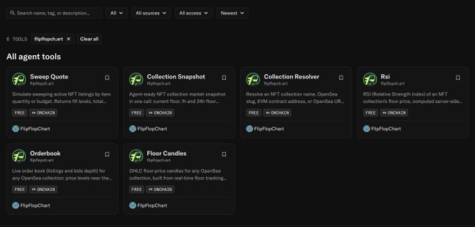 Flipflopch.art marketplace showing 'All agent tools' including free ONCHAIN tools: Sweep Quote, Collection Snapshot, Collection Resolver, Rsi, Orderbook, and Floor Candles.