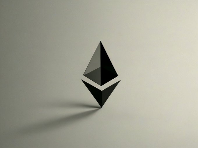 A 3D rendered geometric black object resembling the Ethereum logo, composed of two stylized pyramids, floating against a plain beige background with a soft shadow.