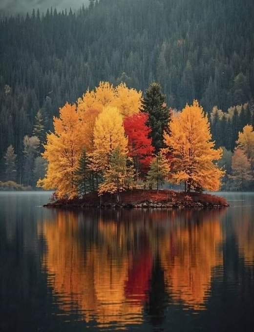 A serene landscape of a small island with vibrant yellow, orange, and red autumn trees reflected in a calm lake, backed by a dark evergreen forest.