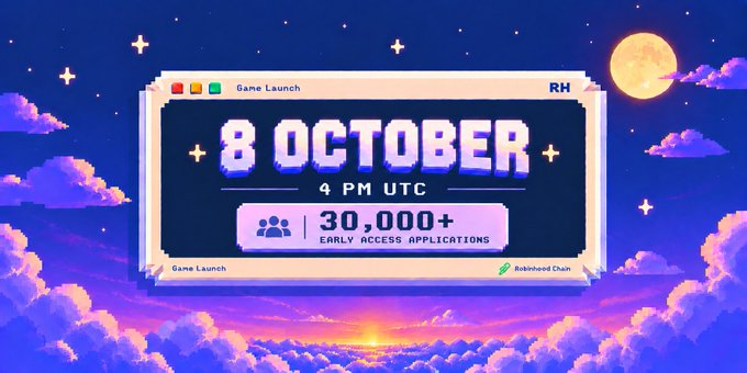 A retro pixel-art graphic featuring a "Game Launch" window announcing "8 OCTOBER, 4 PM UTC" and "30,000+ EARLY ACCESS APPLICATIONS" against a purple sky with clouds, stars, and a moon, visually celebrating the closing of early access sign-ups and the upcoming launch date mentioned in the post. The image includes "RH" in the corner and a "Robinhood Chan" reference at the bottom.