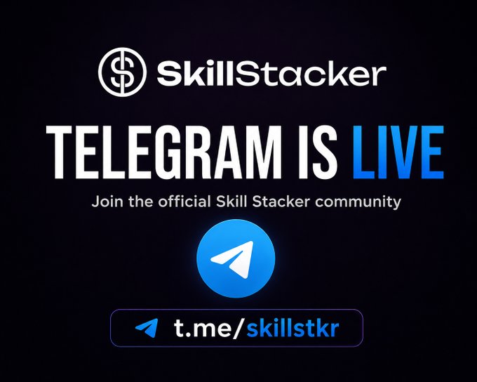 Promotional graphic for Skill Stacker announcing 'TELEGRAM IS LIVE' with the link 't.me/skillstkr' and the Telegram logo on a dark background.