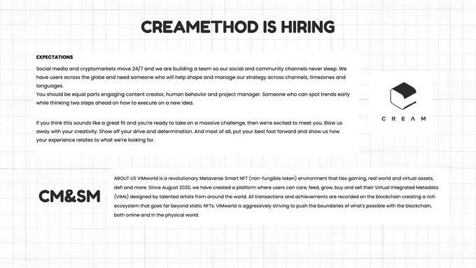 A job posting page titled 'CREAMETHOD IS HIRING' for a social/community content creator role at CREAM, with information about VMworld, an NFT Metaverse Smart NFT platform.