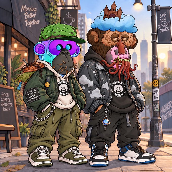 A digital illustration of two stylized characters with elaborate animal-like masks wearing streetwear clothing, standing in front of a cafe with signs reading 'Morning Better Together' and 'Good Coffee Brighter Days'.