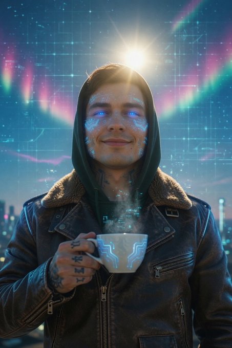 A digital art illustration of a cyberpunk-styled man in a hooded jacket with glowing blue eyes, holding a steaming mug against a backdrop of auroras and a starry sky.
