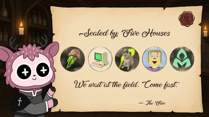 A cartoon mouse character with antlers and a robe stands beside a parchment reading "Sealed by Five Houses" and "We wait at the field. Come fast. — The Five," displaying five NFT collection icons including a brain/ice cream, computer, rat, pixel face, and hooded figure. The image illustrates the post's message about Nibblins including holders from multiple NFT collections in their project.