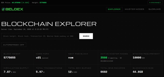 The BELDEX Blockchain Explorer website displays network statistics including a block height of 5776855, 3598 active master nodes, a circulating supply of 7.87 B BDX, and 5.97M total transactions.