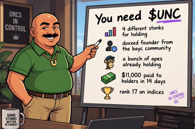 A cartoon illustration depicts a smiling, heavyset man with a mustache pointing to a presentation board that reads 'You need $UNC,' listing requirements like '4 different stonks for holding' and 'a bunch of apes already holding.'