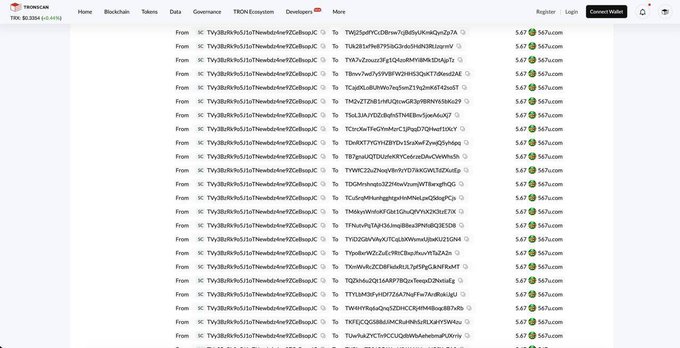 A TronScan blockchain explorer page showing a list of TRX transactions with amounts like '5.67' and '5.68' to various addresses.
