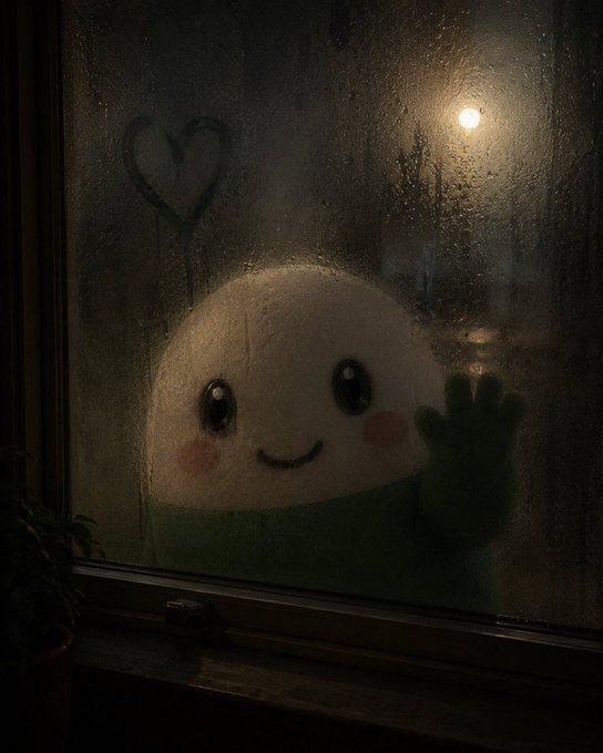An atmospheric photo of a condensation-covered window at night with a smiley face and a hand drawing peeking through the fog, with a streetlight glowing outside.