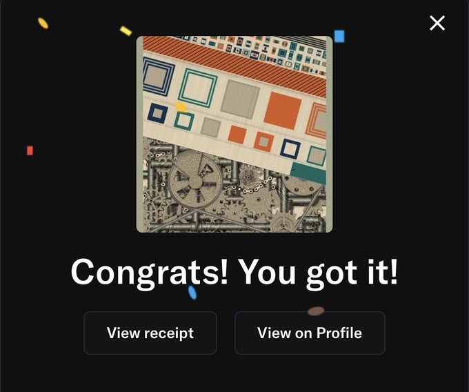A Google Arts & Culture style 'Congrats! You got it!' pop-up showing a colorful artwork resembling a collage of geometric shapes and mechanical parts, with options to 'View receipt' or 'View on Profile.'