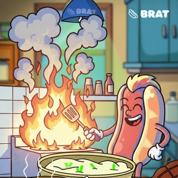 A cartoon illustration of an anthropomorphic hot dog character happily cooking at a stove with flames and smoke rising, with the 'BRAT' logo in the upper right corner.