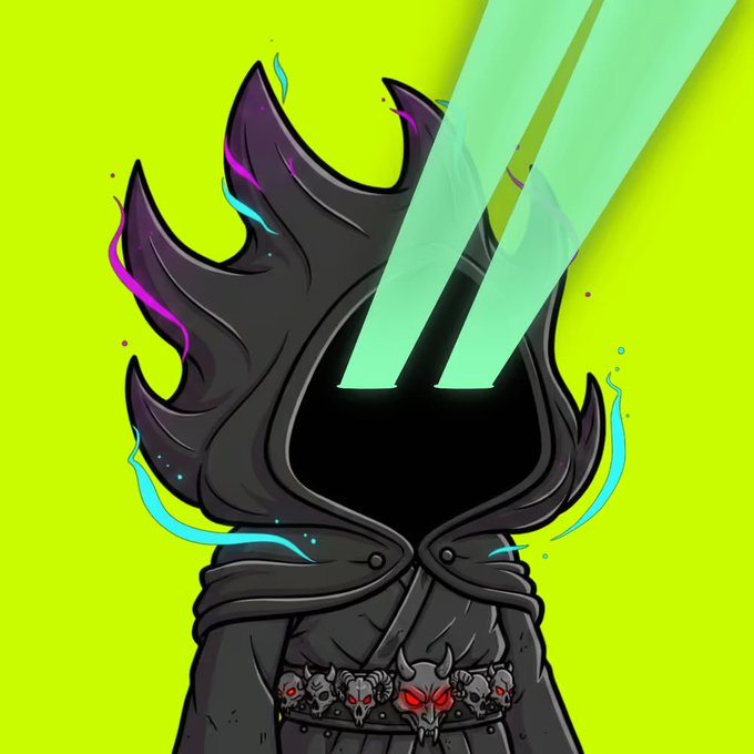 A digital illustration of a hooded, shadowy figure with glowing green beams emitting from its empty hood, wearing a belt with a red-eyed skull buckle against a bright green background.
