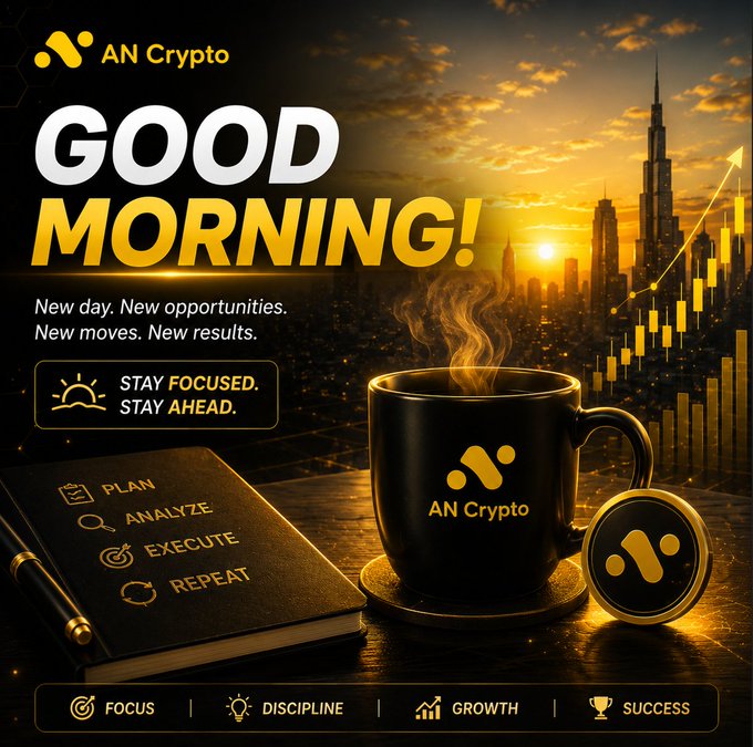 A 'GOOD MORNING!' motivational graphic branded with 'AN Crypto', featuring a coffee mug, a notebook listing 'PLAN, ANALYZE, EXECUTE, REPEAT', and a city skyline with rising candlestick charts at sunrise.