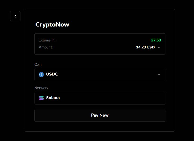 A dark-themed CryptoNow payment interface showing an expiration timer of 27:58, an amount of 14.20 USD, with USDC selected as the coin on the Solana network and a 'Pay Now' button.