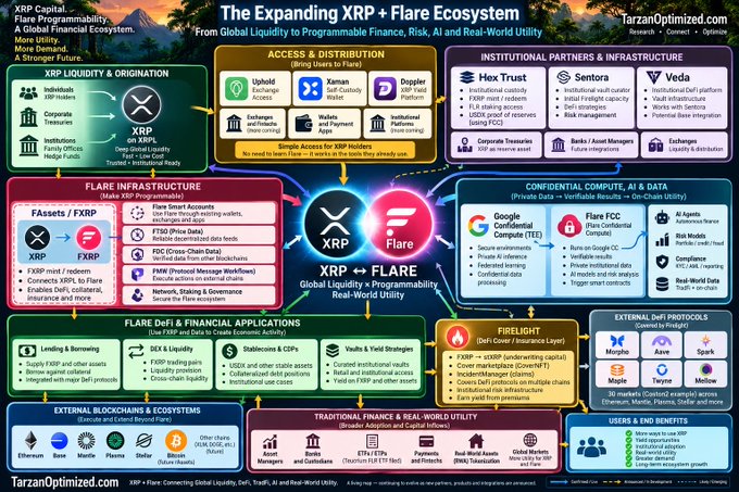 An infographic titled "The Expanding XRP + Flare Ecosystem" from TarzanOptimized.com, detailing the cryptocurrency's utility, access, distribution, and institutional partnerships.