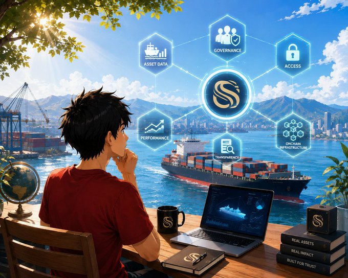 Anime-style illustration of a man at a desk overlooking a shipping port with cargo ships, surrounded by hexagonal blockchain icons labeled 'ASSET DATA', 'GOVERNANCE', 'ACCESS', 'PERFORMANCE', 'ONCHAIN INFRASTRUCTURE', and 'TRANSPARENCY'.