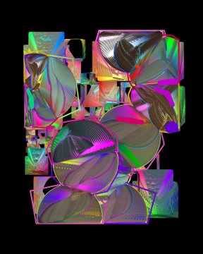 An abstract digital composition featuring iridescent, fluid shapes in shades of pink, green, and purple arranged against a solid black background.